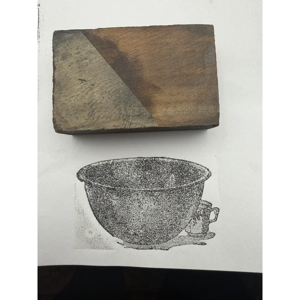 Vintage Wood Letterpress Printing Block Large Bowl Copper Plate Print Stamp